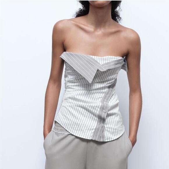 Zara Striped Strapless Fold over Top - Picture 3 of 12